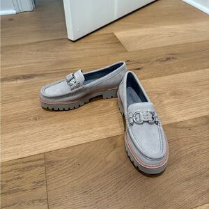 Donald Pliner Tan Suede Loafers with Silver Buckle